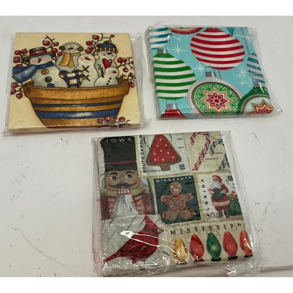 Vintage Christmas Ceramic Coasters Set of 3 Snowman Nutcracker 4in